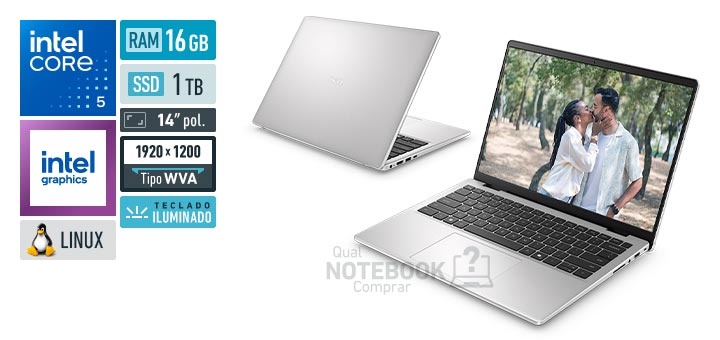 Dell 14 DC14-C5120U-U30 Core 5-120U Serie 1 Graphics 80 EUs Linux RAM 16 GB SSD 1 TB Tela LED 14 polegadas WUXGA WVA Teclado iluminado Garantia 1 ano