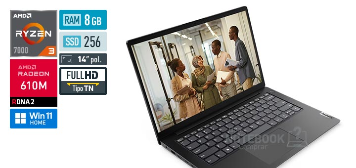 Lenovo V14 83GE0009BR Ryzen 3 7320U Serie 7000 Radeon 610M Windows 11 Home RAM 8 GB SSD 256 GB Tela LED 14 polegadas Full HD TN Garantia 1 ano