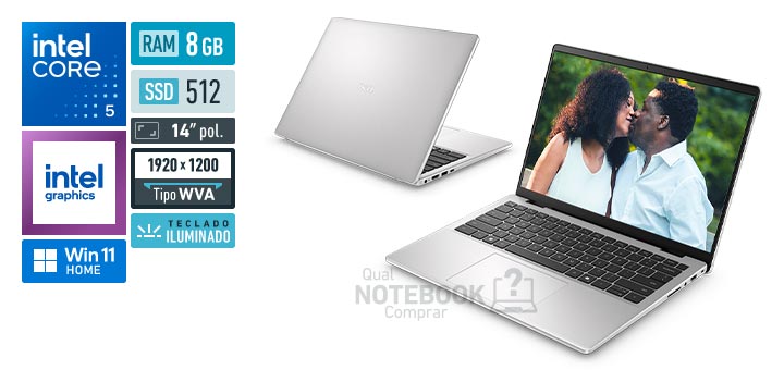 Dell 14 DC14-C5120U-M10 Core 5-120U Serie 1 Graphics 80 EUs Windows 11 Home RAM 8 GB SSD 512 GB Tela LED 14 polegadas WUXGA WVA Teclado iluminado Garantia 1 ano