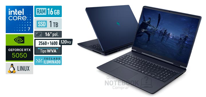 Dell Alienware 16 Aurora AC16-C7240H-U50 Core 7-240H Serie 2 GeForce RTX 5050 Linux RAM 16 GB SSD 1 TB Tela LED 16 polegadas 2560 x 1600 px WVA 120 Hz Teclado iluminado Garantia 1 ano