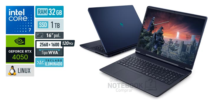 Dell Alienware 16 Aurora AC16-C7240H-U80 Core 7-240H Serie 2 GeForce RTX 4050 Linux RAM 32 GB SSD 1 TB Tela LED 16 polegadas 2560 x 1600 px WVA 120 Hz Teclado iluminado Garantia 1 ano