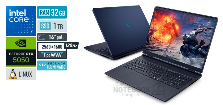 Dell Alienware 16 Aurora AC16-C7240H-U90 Core 7-240H Serie 2 GeForce RTX 5050 Linux RAM 32 GB SSD 1 TB Tela LED 16 polegadas 2560 x 1600 px WVA 120 Hz Teclado iluminado Garantia 1 ano