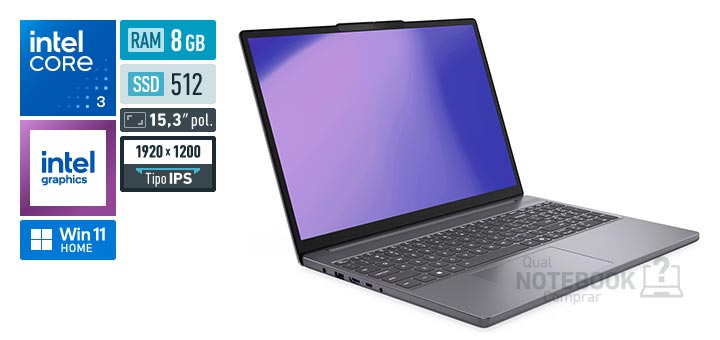 Lenovo IdeaPad Slim 3 83NU0006BR Core 3-100U Serie 1 Graphics 64 EUs Windows 11 Home RAM 8 GB SSD 512 GB Tela LED 15-3 polegadas WUXGA IPS Garantia 1 ano