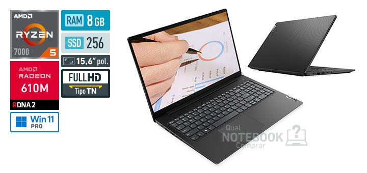 Lenovo V15 83UY0001BO Ryzen 5 7520U Serie 7000 Radeon 610M Windows 11 Pro RAM 8 GB SSD 256 GB Tela LED 15-6 polegadas Full HD TN Garantia 1 ano