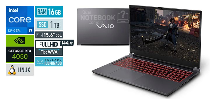 VAIO FH15 VJFH52F11X-B3111H Core i7-13620H 13a geracao GeForce RTX 4050 Linux RAM 16 GB SSD 1 TB Tela LED 15-6 polegadas Full HD WVA 144 Hz Teclado iluminado Garantia 1 ano