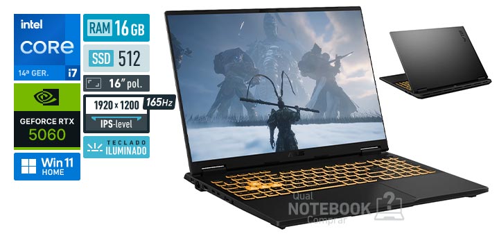 ASUS TUF Gaming F16 FX608JMR-RV150W Core i7-14650HX 14a geracao GeForce RTX 5060 Windows 11 Home RAM 16 GB SSD 512 GB Tela LED 16 polegadas WUXGA IPS-level 165 Hz Teclado iluminado