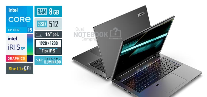 Acer TravelMate TMP214-55-58M6 Core i5-1335U 13a geracao Iris Xe Graphics G7 80 EUs Shell EFI RAM 8 GB SSD 512 GB Tela LED 14 polegadas WUXGA IPS Teclado iluminado Garantia 1 ano