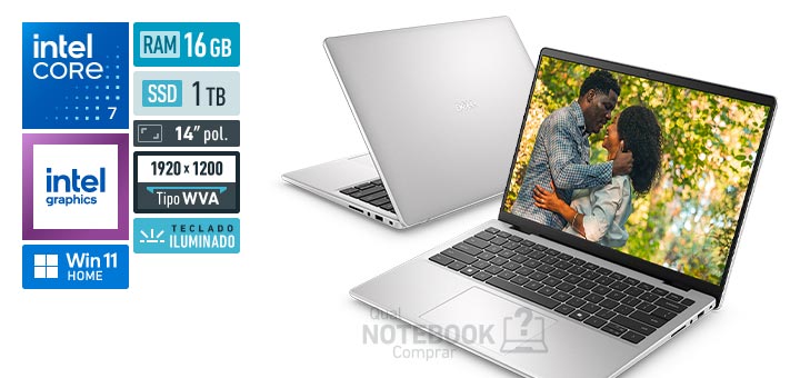 Dell 14 DC14-C5120U-C50 Core 7-150U Serie 1 Graphics 96 EUs Windows 11 Home RAM 16 GB SSD 1 TB Tela LED 14 polegadas WUXGA WVA Teclado iluminado Garantia no local