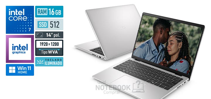 Dell 14 DC14-C5120U-M40 Core 7-150U Serie 1 Graphics 96 EUs Windows 11 Home RAM 16 GB SSD 512 GB Tela LED 14 polegadas WUXGA WVA Teclado iluminado Garantia 1 ano