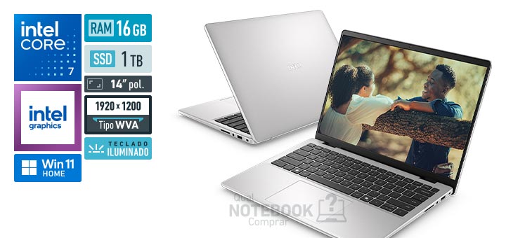 Dell 14 DC14-C5120U-M50 Core 7-150U Serie 1 Graphics 96 EUs Windows 11 Home RAM 16 GB SSD 1 TB Tela LED 14 polegadas WUXGA WVA Teclado iluminado Garantia 1 ano