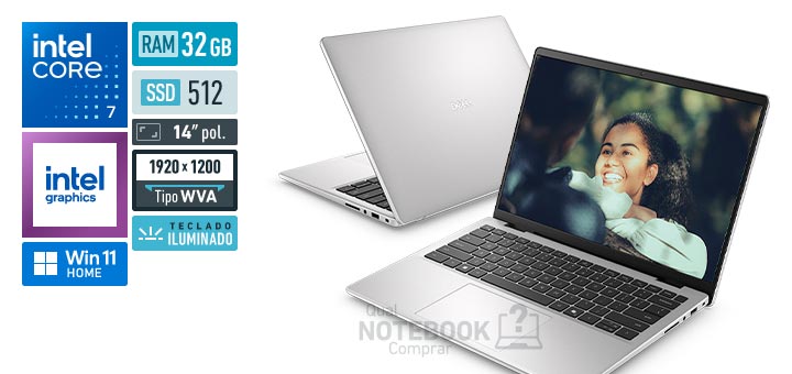 Dell 14 DC14-C5120U-M60 Core 7-150U Serie 1 Graphics 96 EUs Windows 11 Home RAM 32 GB SSD 512 GB Tela LED 14 polegadas WUXGA WVA Teclado iluminado Garantia 1 ano