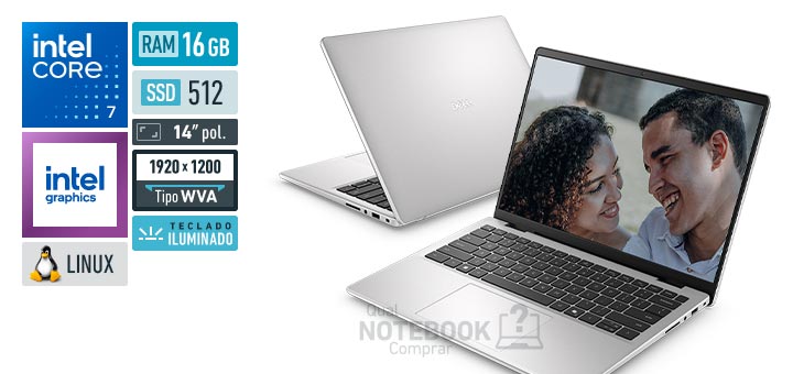 Dell 14 DC14-C5120U-U40 Core 7-150U Serie 1 Graphics 96 EUs Linux RAM 16 GB SSD 512 GB Tela LED 14 polegadas WUXGA WVA Teclado iluminado Garantia 1 ano