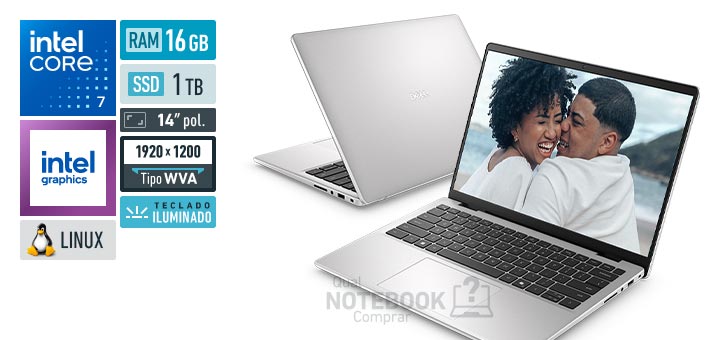 Dell 14 DC14-C5120U-U50 Core 7-150U Serie 1 Graphics 96 EUs Linux RAM 16 GB SSD 1 TB Tela LED 14 polegadas WUXGA WVA Teclado iluminado Garantia 1 ano