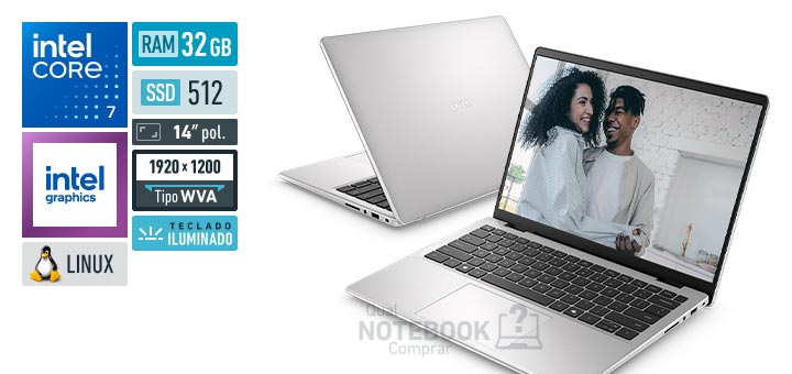 Dell 14 DC14-C5120U-U60 Core 7-150U Serie 1 Graphics 96 EUs Linux RAM 32 GB SSD 512 GB Tela LED 14 polegadas WUXGA WVA Teclado iluminado Garantia 1 ano