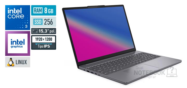 Lenovo IdeaPad Slim 3 83NUS00000 Core 3-100U Serie 1 Graphics 64 EUs Linux RAM 8 GB SSD 256 GB Tela LED 15-3 polegadas WUXGA IPS Garantia 1 ano