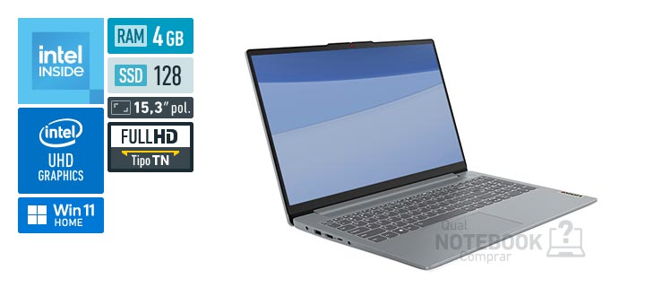 Lenovo IdeaPad Slim 3i 83D70003BO Processor N100 N-series UHD Graphics 24 EUs Windows 11 Home RAM 4 GB SSD eUFS 128 GB SSD 128 GB Tela LED 15-3 polegadas Full HD TN Garantia 1 ano
