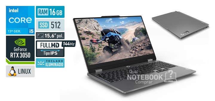 Lenovo LOQ 83KHS00200 Core i5-13450HX 13a geracao GeForce RTX 3050 Linux RAM 16 GB SSD 512 GB Tela LED 15-6 polegadas Full HD IPS 144 Hz Teclado iluminado Garantia 1 ano Premium Care