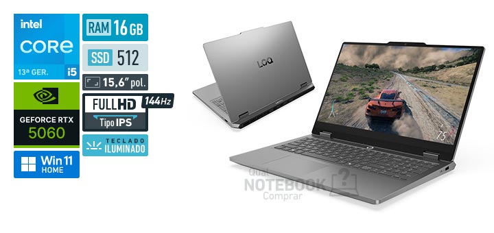 Lenovo LOQ Essential 83UX0006BO Core i5-13450HX 13a geracao GeForce RTX 5060 Windows 11 Home RAM 16 GB SSD 512 GB Tela LED 15-6 polegadas Full HD IPS 144 Hz Teclado iluminado