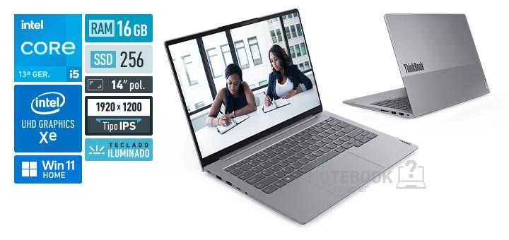 Lenovo ThinkBook 14 21NQ000TBR Core i5-13420H 13a geracao UHD Graphics Xe G4 48 EUs Windows 11 Home RAM 16 GB SSD 256 GB Tela LED 14 polegadas WUXGA IPS Teclado iluminado Garantia no local