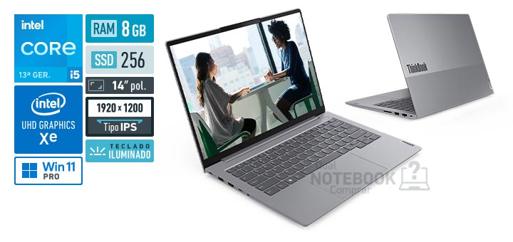 Lenovo ThinkBook 14 21NQA0E7BR Core i5-13420H 13a geracao UHD Graphics Xe G4 48 EUs Windows 11 Pro RAM 8 GB SSD 256 GB Tela LED 14 polegadas WUXGA IPS Teclado iluminado Garantia 1 ano