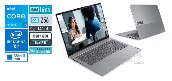 Lenovo ThinkBook 14 21NQA0K6BR Core i5-13420H 13a geracao UHD Graphics Xe G4 48 EUs Windows 11 Pro RAM 16 GB SSD 256 GB Tela LED 14 polegadas WUXGA IPS Teclado iluminado Garantia 1 ano