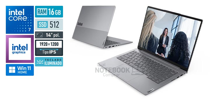 Lenovo ThinkBook 14 21TV000HBO Core 7-240H Serie 2 Graphics 64 EUs Windows 11 Home RAM 16 GB SSD 512 GB Tela LED 14 polegadas WUXGA IPS Teclado iluminado Suporte Premium 1 ano