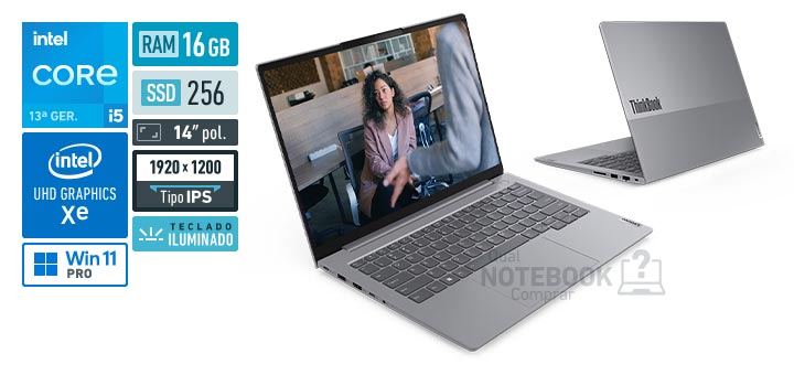 Lenovo ThinkBook 14 21TVA0BFBO Core i5-13420H 13a geracao UHD Graphics Xe G4 48 EUs Windows 11 Pro RAM 16 GB SSD 256 GB Tela LED 14 polegadas WUXGA IPS Teclado iluminado Garantia 1 ano