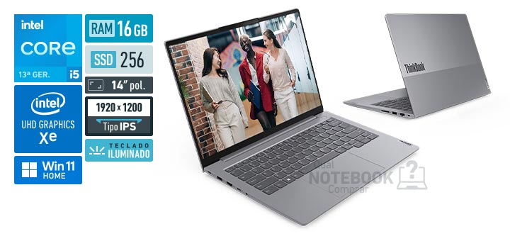 Lenovo ThinkBook 14 21TVA0E6BO Core i5-13420H 13a geracao UHD Graphics Xe G4 48 EUs Windows 11 Home RAM 16 GB SSD 256 GB Tela LED 14 polegadas WUXGA IPS Teclado iluminado Garantia no local