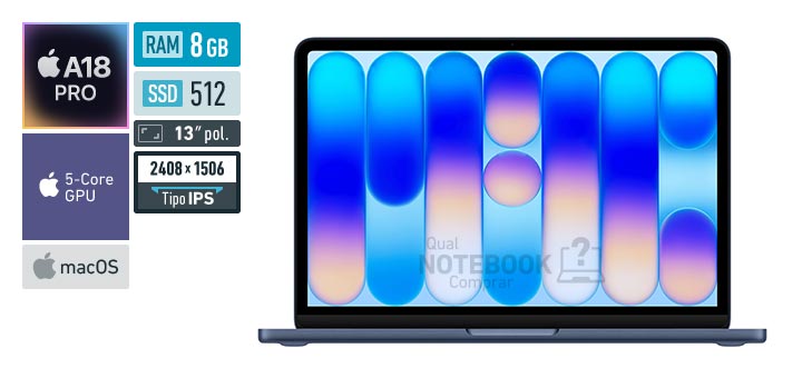 MHFG4BZ-A A18 Pro 6-Core A18 5-Core GPU macOS RAM 8 GB SSD 512 GB Tela LED 13 polegadas 2408 x 1506 px IPS Garantia 1 ano