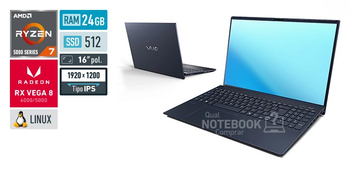 VAIO FE16 VJFE69F11X-B1611H Ryzen 7 5825U Serie 5000 Radeon RX Vega 8 4000-5000 Linux RAM 24 GB SSD 512 GB Tela LED 16 polegadas WUXGA IPS Garantia 1 ano