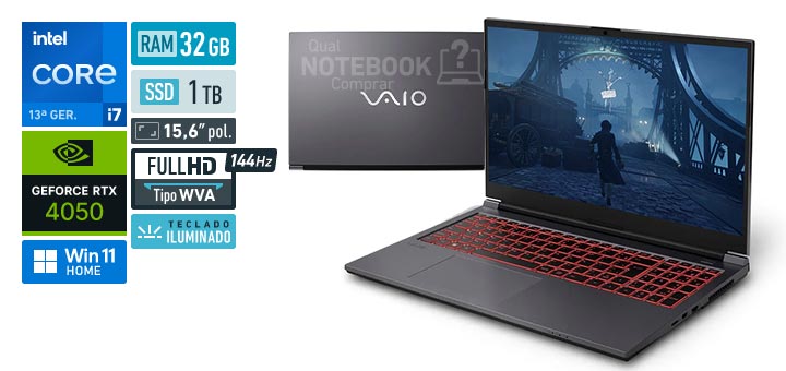 VAIO FH15 VJFH52F11X-B2811H Core i7-13620H 13a geracao GeForce RTX 4050 Windows 11 Home RAM 32 GB SSD 1 TB Tela LED 15-6 polegadas Full HD WVA 144 Hz Teclado iluminado Garantia 1 ano