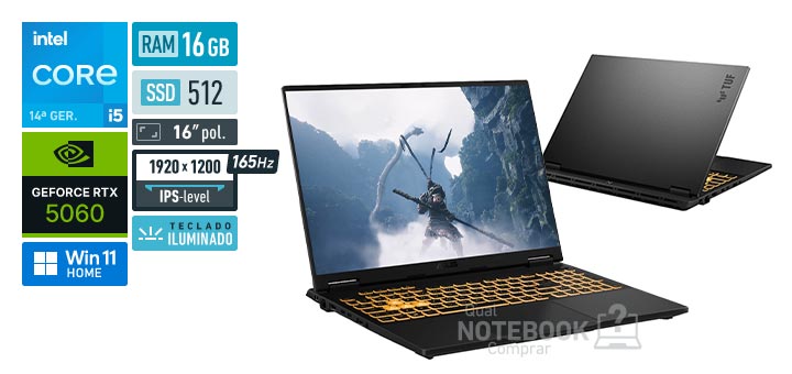 ASUS TUF Gaming F16 FX608JMR-RV260W Core i5-14450HX 14a geracao GeForce RTX 5060 Windows 11 Home RAM 16 GB SSD 512 GB Tela LED 16 polegadas WUXGA IPS-level 165 Hz Teclado iluminado