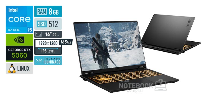 ASUS TUF Gaming F16 FX608JMR-RV261 Core i5-14450HX 14a geracao GeForce RTX 5060 Linux RAM 8 GB SSD 512 GB Tela LED 16 polegadas WUXGA IPS-level 165 Hz Teclado iluminado Garantia 1 ano