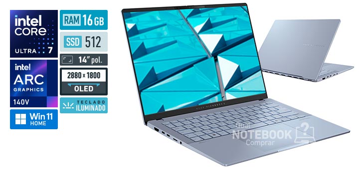 ASUS VivoBook S 14 S5406SA-QD299W Core Ultra 7-256V Serie 2 Arc Graphics 140V Windows 11 Home RAM 16 GB SSD 512 GB Tela OLED 14 polegadas 2880 x 1800 Hz Teclado iluminado
