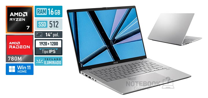 ASUS Vivobook S14 M3407HA-LY177W Ryzen 7 260 Serie 200 Radeon 780M Windows 11 Home RAM 16 GB SSD 512 GB Tela LED 14 polegadas WUXGA IPS Teclado iluminado Garantia 1 ano