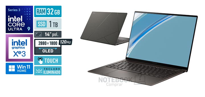 ASUS Zenbook S 14 UX5406AA-SU185W Core Ultra 9-386H Serie 3 Graphics 4 Xe3 iGPU Windows 11 Home RAM 32 GB SSD 1 TB Tela OLED 14 polegadas touch 2880 x 1800 px 120 Hz Teclado iluminado