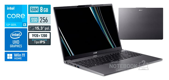 Acer Aspire Go 15 AG15-51P-34KT Core i3-1215U 12a geracao UHD Graphics 64 EUs Windows 11 Home RAM 8 GB SSD 256 GB Tela LED 15-3 polegadas WUXGA IPS Garantia 1 ano