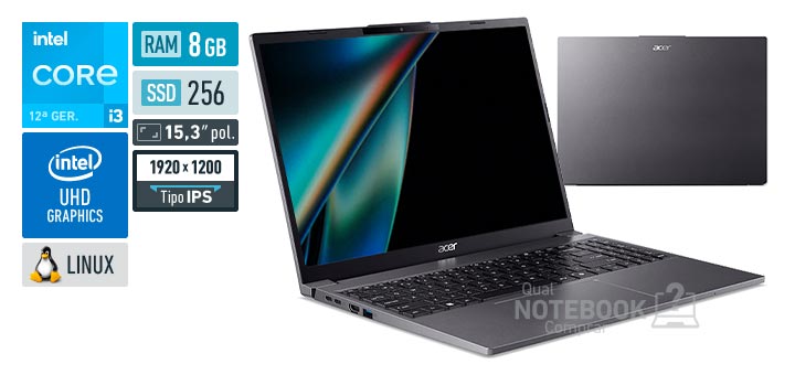 Acer Aspire Go 15 AG15-51P-379H Core i3-1215U 12a geracao UHD Graphics 64 EUs Linux RAM 8 GB SSD 256 GB Tela LED 15-3 polegadas WUXGA IPS Garantia 1 ano