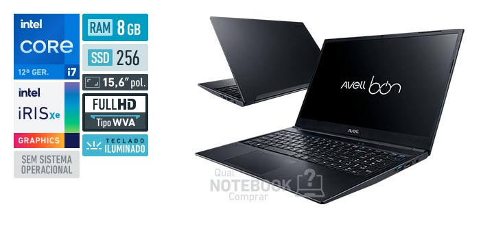 Avell BOn Lite New MN000136 Core i7-1255U 12a geracao Iris Xe Graphics G7 96 EUs Sem sistema operacional RAM 8 GB SSD 256 GB Tela LED 15-6 polegadas Full HD WVA Teclado iluminado