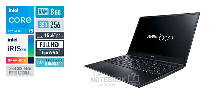 Avell BOn Lite New MN000137 Core i5-1235U 12a geracao Iris Xe Graphics G7 80 EUs Sem sistema operacional RAM 8 GB SSD 256 GB Tela LED 15-6 polegadas Full HD WVA Teclado iluminado