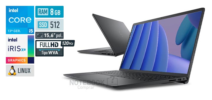Dell 15 DC15-I51334U-U50 Core i5-1334U 13a geracao Iris Xe Graphics G7 80 EUs Linux RAM 8 GB SSD 512 GB Tela LED 15-6 polegadas Full HD WVA 120 Hz