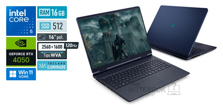 Dell Alienware 16 Aurora AC16-C5210H-A20 Core 5-210H Serie 2 GeForce RTX 4050 Windows 11 Home RAM 16 GB SSD 512 GB Tela LED 16 polegadas 2560 x 1600 px WVA 120 Hz Teclado iluminado