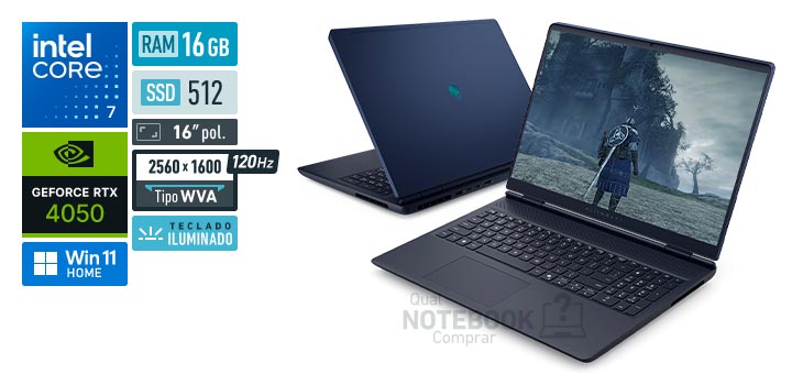 Dell Alienware 16 Aurora AC16-C7240H-M35 Core 7-240H Serie 2 GeForce RTX 4050 Windows 11 Home RAM 16 GB SSD 512 GB Tela LED 16 polegadas 2560 x 1600 px WVA 120 Hz Teclado iluminado