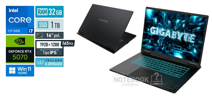 Gigabyte A16 G6X CWHI3US864SH Core i7-13620H 13a geracao GeForce RTX 5070 Windows 11 Home RAM 32 GB SSD 1 TB Tela LED 16 polegadas WUXGA IPS 165 Hz Teclado iluminado