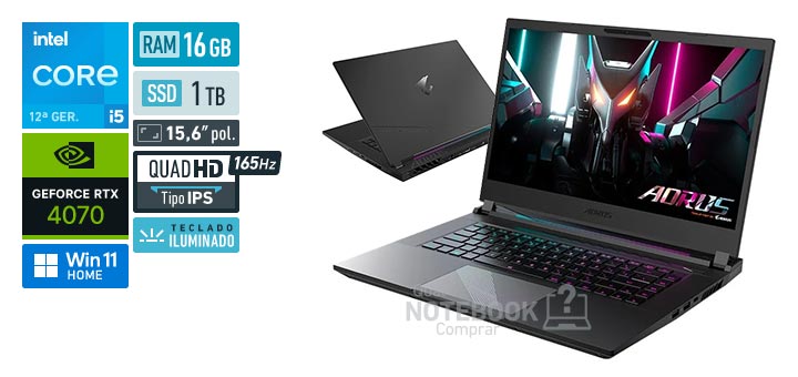 Gigabyte AORUS 15 9SF-E3BR754SH Core i5-12500H 12a geracao GeForce RTX 4070 Windows 11 Home RAM 16 GB SSD 1 TB Tela LED 15-6 polegadas Quad HD IPS 165 Hz Teclado iluminado