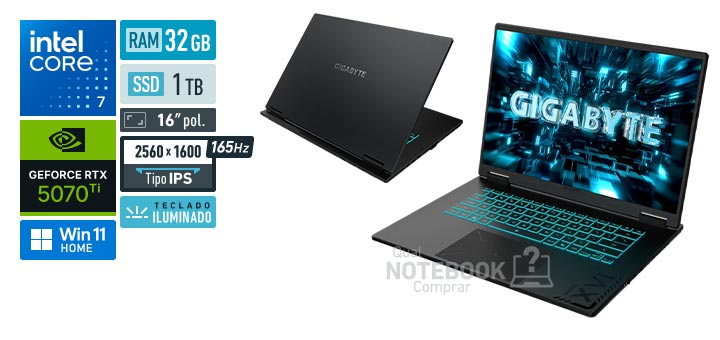 Gigabyte AORUS A16 Pro DXHG4USCC4SH Core 7-240H Serie 2 GeForce RTX 5070 Ti Windows 11 Home RAM 32 GB SSD 1 TB Tela LED 16 polegadas 2560 x 1600 px IPS 165 Hz Teclado iluminado