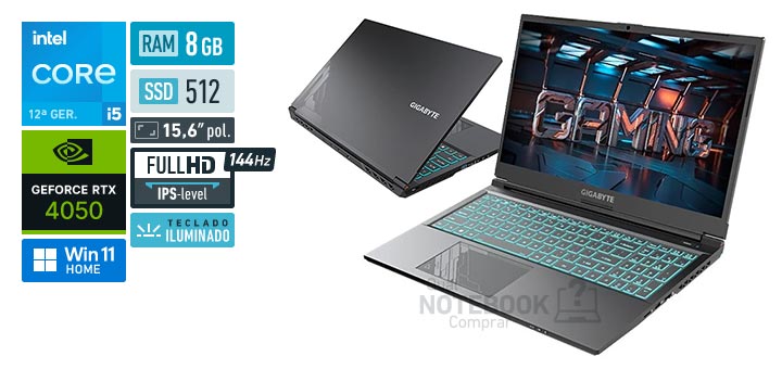 Gigabyte G5 MF-E2BR333SH Core i5-12500H 12a geracao GeForce RTX 4050 Windows 11 Home RAM 8 GB SSD 512 GB Tela LED 15-6 polegadas Full HD IPS-level 144 Hz Teclado iluminado