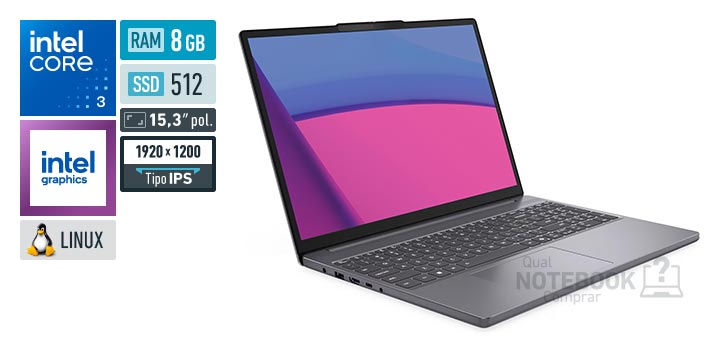 Lenovo IdeaPad Slim 3 83NUS00100 Core 3-100U Serie 1 Graphics 64 EUs Linux RAM 8 GB SSD 512 GB Tela LED 15-3 polegadas WUXGA IPS Garantia 1 ano Premium Care