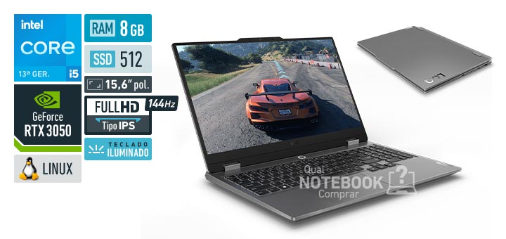 Lenovo LOQ 83KHS00000 Core i5-13450HX 13a geracao GeForce RTX 3050 Linux RAM 8 GB SSD 512 GB Tela LED 15-6 polegadas Full HD IPS 144 Hz Teclado iluminado Garantia 1 ano