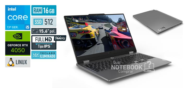 Lenovo LOQ 83KHS00300 Core i5-13450HX 13a geracao GeForce RTX 4050 Linux RAM 16 GB SSD 512 GB Tela LED 15-6 polegadas Full HD IPS 144 Hz Teclado iluminado Garantia 1 ano